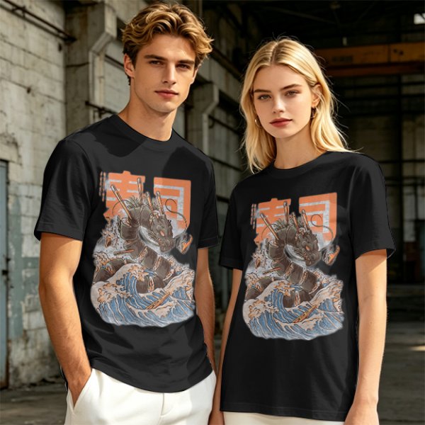 Olive T-shirt with Sushi Dragon Wave Graphic Print