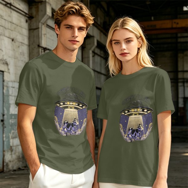 Olive Green T-Shirt with UFO Abducting Cow Graphic
