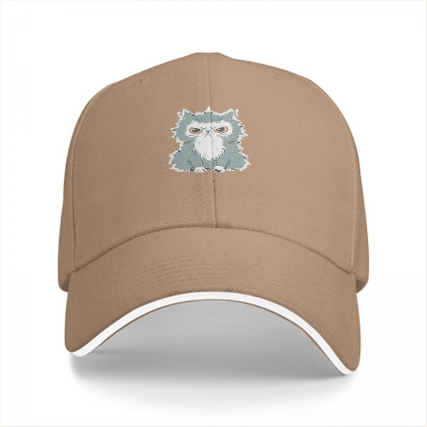 Black Baseball Cap With Grumpy Fluffy Grey Cat Graphic