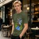 Olive T-shirt with Cartoon Boys Balancing on Log Over Stream