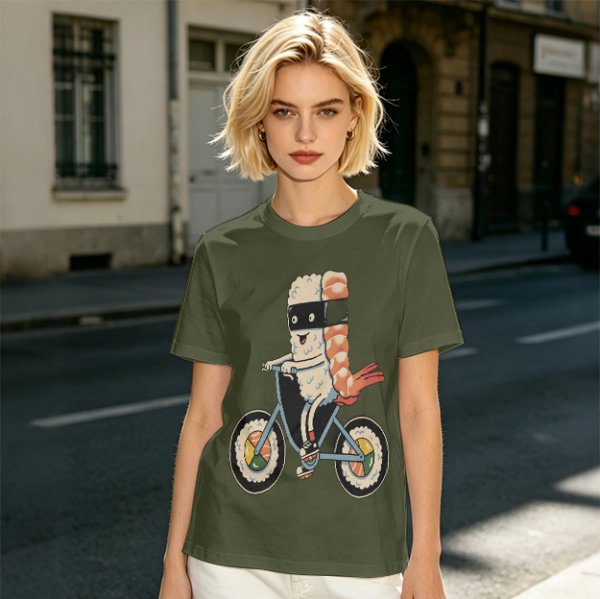 Olive T-Shirt With Sushi Ninja Riding Bicycle Print