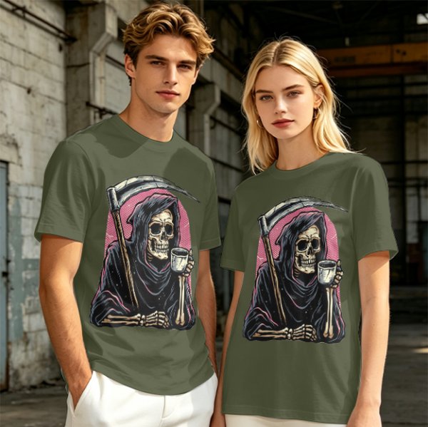 Olive T-Shirt Featuring Grim Reaper Holding Coffee and Scythe