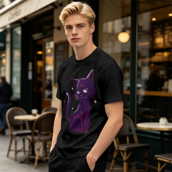 Olive T-Shirt with Sassy Black Cat and Crescent Moon Graphic