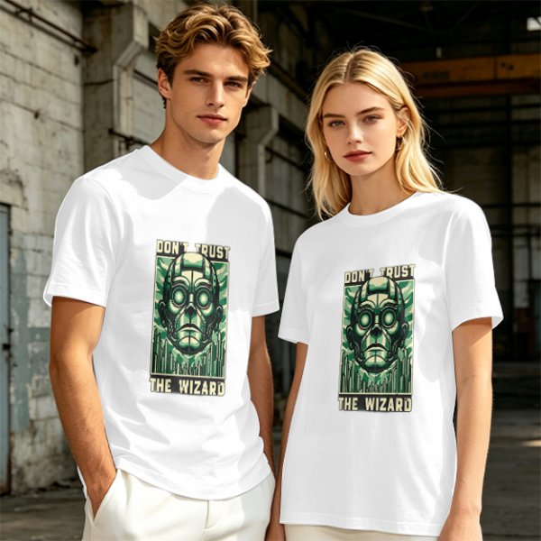 Olive green t-shirt with 'Don't Trust The Wizard' robot graphic print