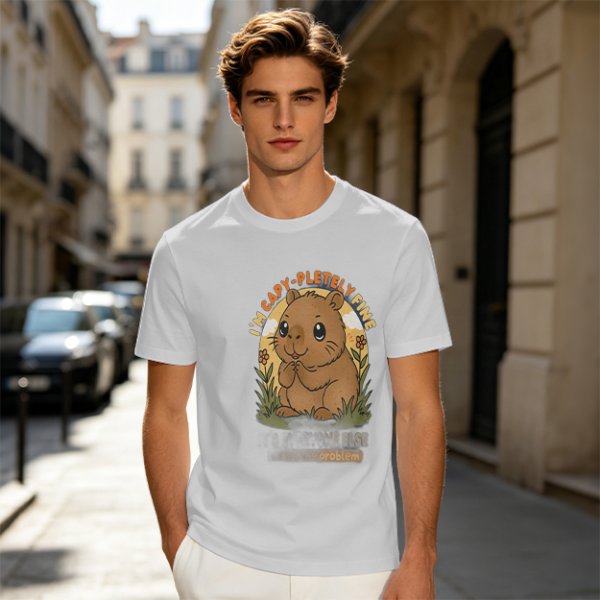 Olive t-shirt with cute capybara 'I'm capy-pletely fine' graphic