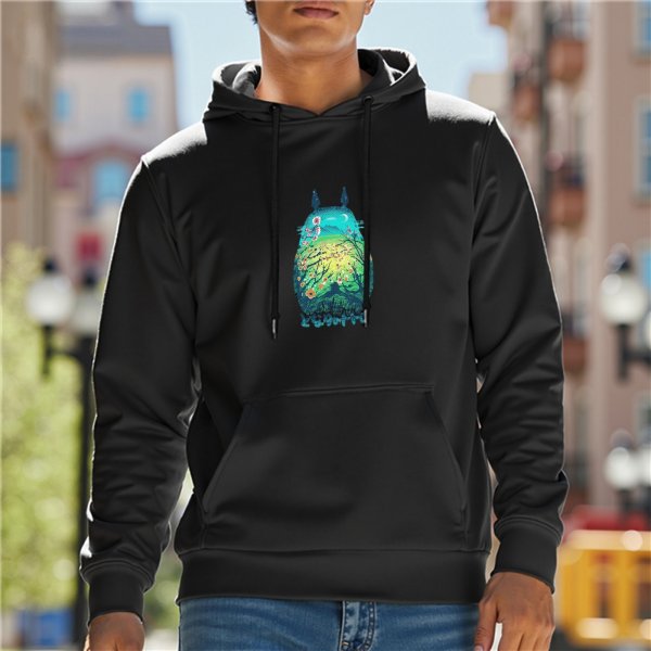Black hoodie with Totoro nature landscape graphic print
