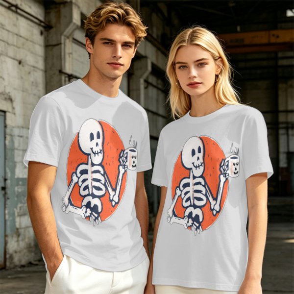 Olive Skeleton Holding Coffee Mug Graphic T-Shirt