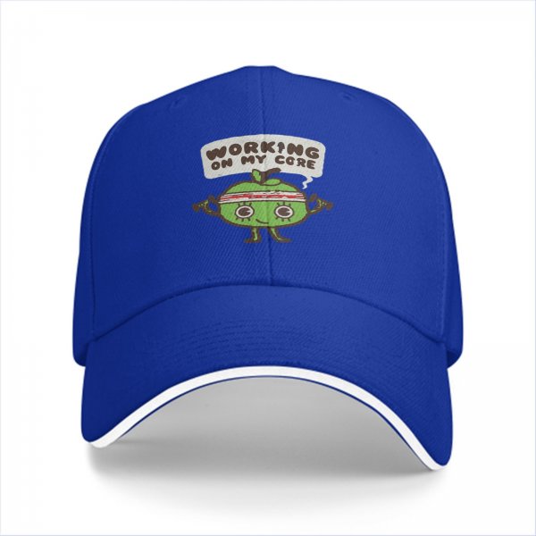 Black baseball cap with 'Working On My Core' fitness apple graphic