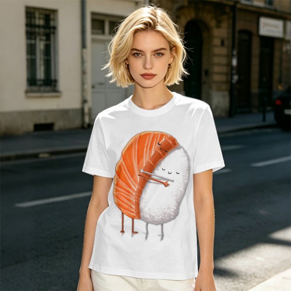 Olive T-shirt with Cute Hugging Salmon Sushi and Rice Print