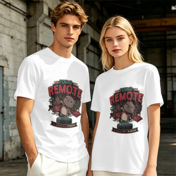 Olive t-shirt with cat graphic and 'You Found The Remote' movie text