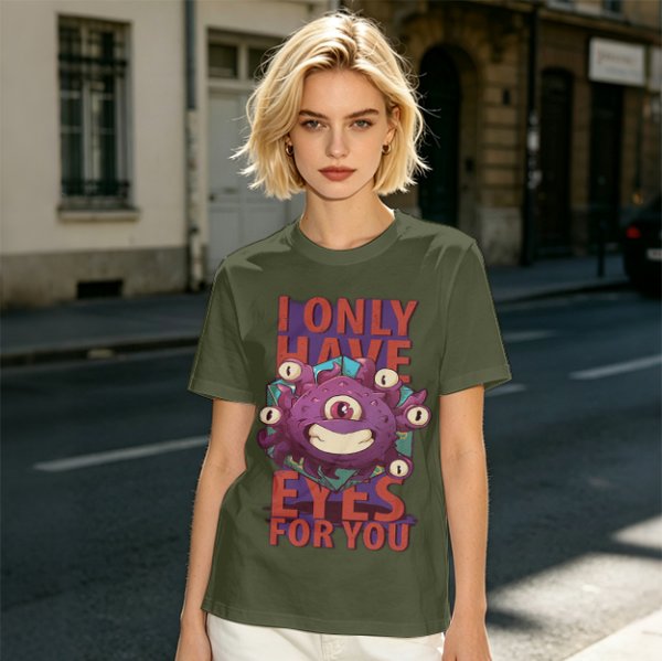 Olive T-Shirt With Beholder Monster 'I Only Have Eyes For You' Print