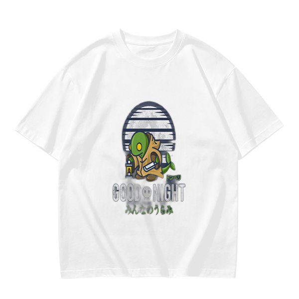 Olive green graphic t-shirt with Tonberry 'Good Night' print