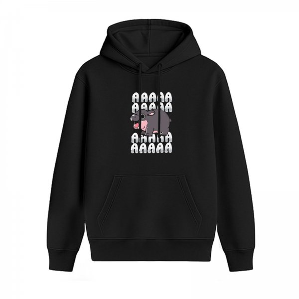 Black hoodie with a screaming hippo and repeated A graphic print