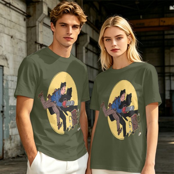 Olive T-shirt with Cartoon Chainsaw Action Character Print