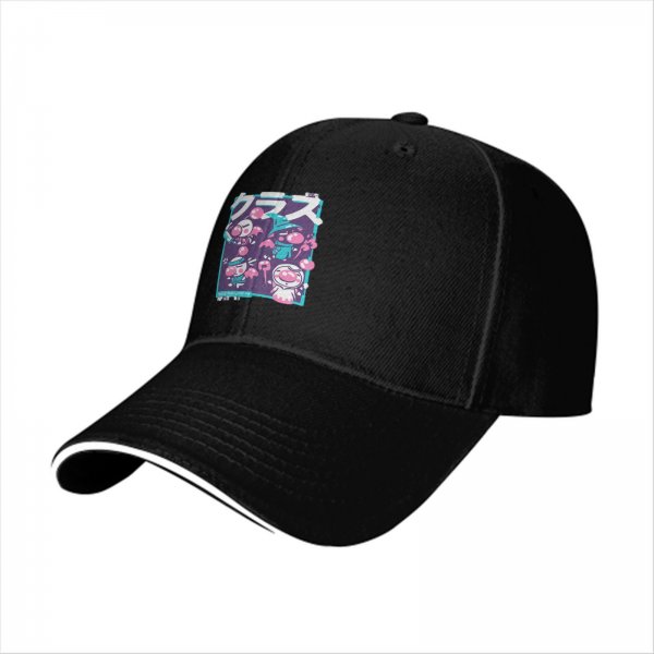 Black baseball cap with cute anime-style graphic print