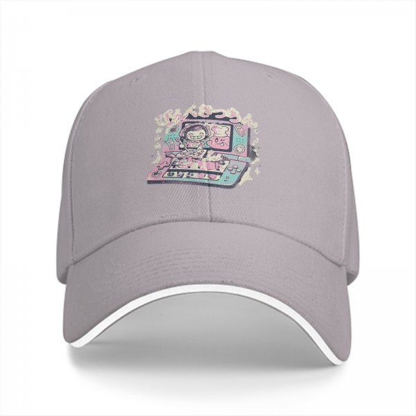 Black baseball cap with pastel handheld gaming and anime character print