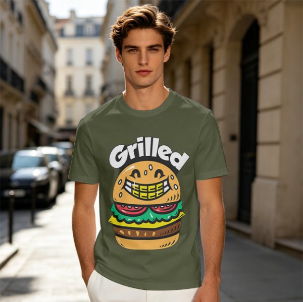 Olive T-Shirt with Smiling Grilled Burger Graphic