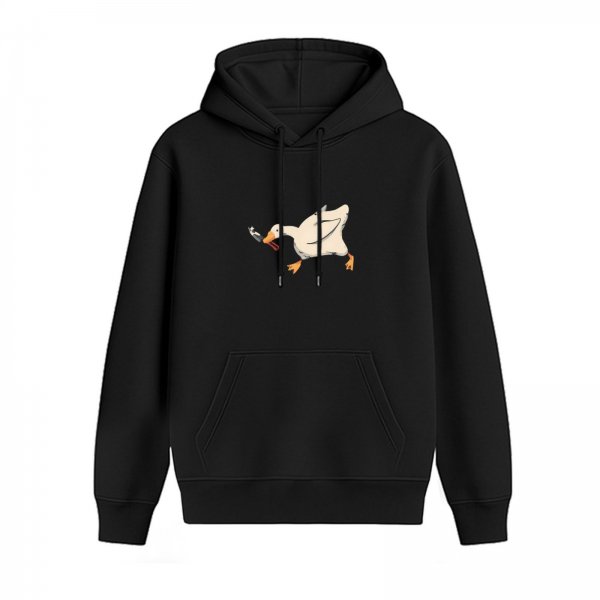 Black Hoodie With Mischievous Goose Holding Knife Graphic