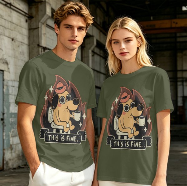 Olive T-Shirt Featuring the 'This Is Fine' Dog in Flames Holding Coffee