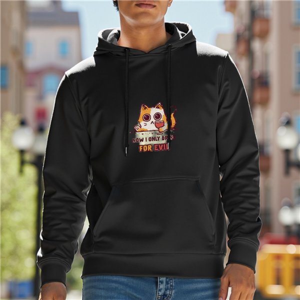 Black hoodie with a mischievous cat graphic and 'now i only drink for evil' text