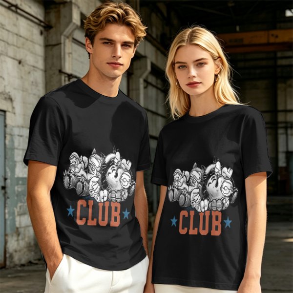 Olive T-Shirt With Cartoon Characters And 'CLUB' Graphic Print