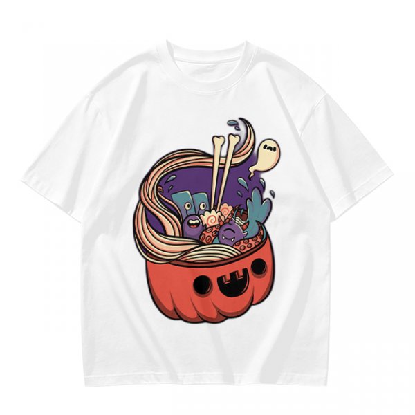 Halloween pumpkin ramen bowl with cute monster graphic t-shirt