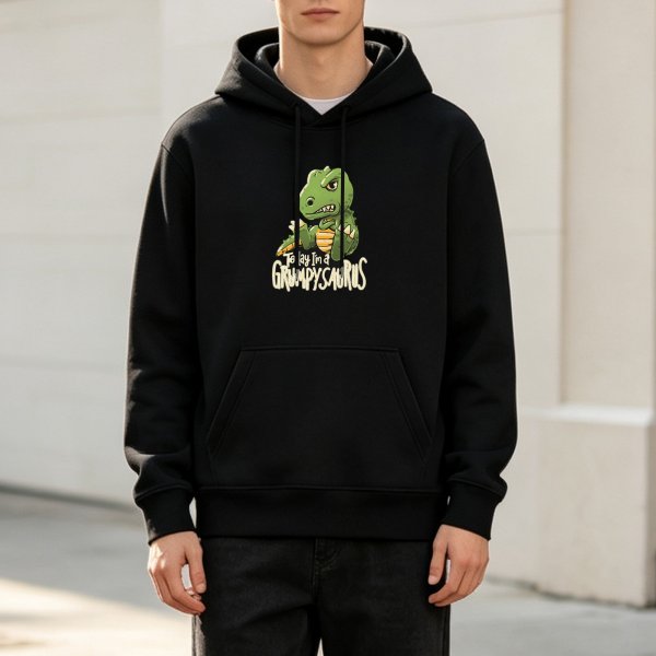 Black hoodie with grumpy dinosaur 'Today I'm a Grumpysaurus' print