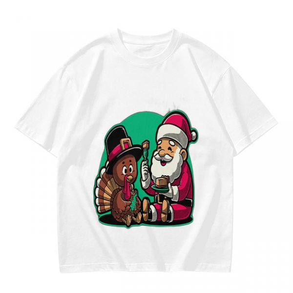Olive T-Shirt with Santa and Thanksgiving Turkey Graphic