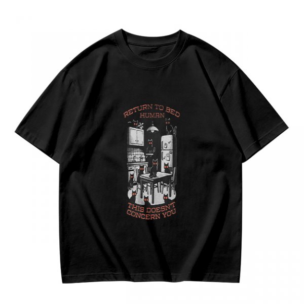 Olive t-shirt with cat kitchen graphic and 'Return to bed human' text
