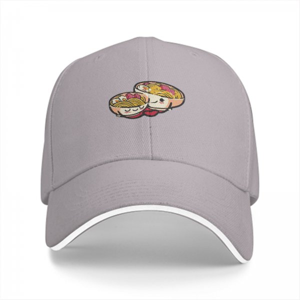 Black baseball cap with cute kawaii ramen bowls graphic