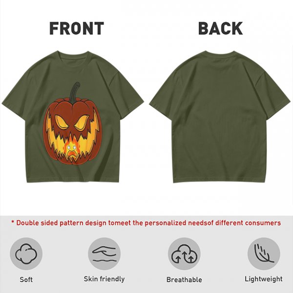 Olive Green T-Shirt With Scary Jack O' Lantern Pumpkin Print