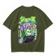 Olive T-shirt with spooky juice box graphic and playful skull art