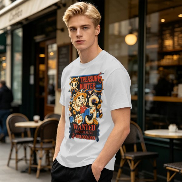 Treasure Hunter Wanted Cat Graphic T-Shirt Design