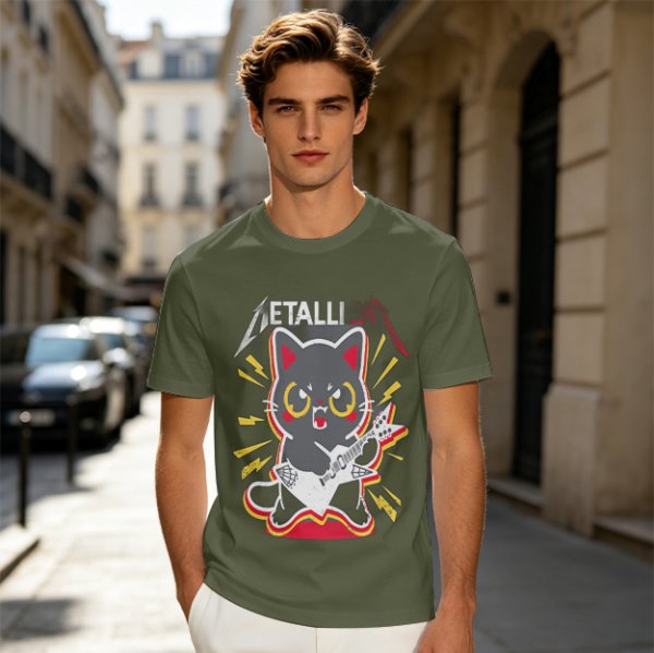 Olive green graphic t-shirt with a cartoon metal cat playing guitar