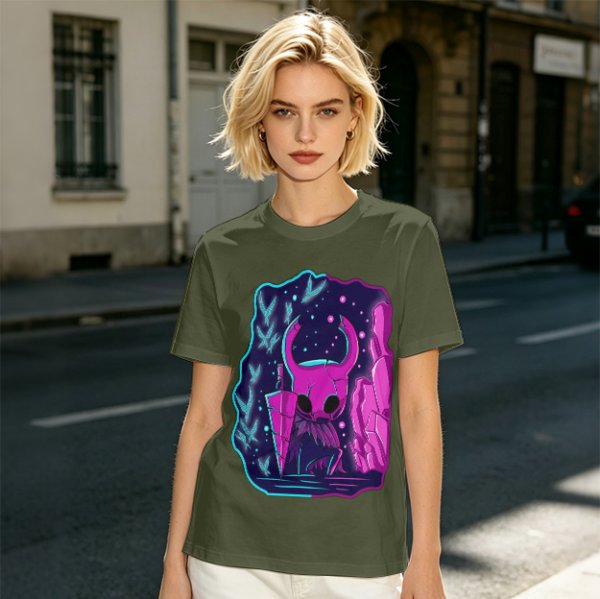 Olive Green T-Shirt With Neon Hollow Knight Character Art