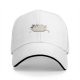 Black baseball cap with a stressed chubby white cat graphic
