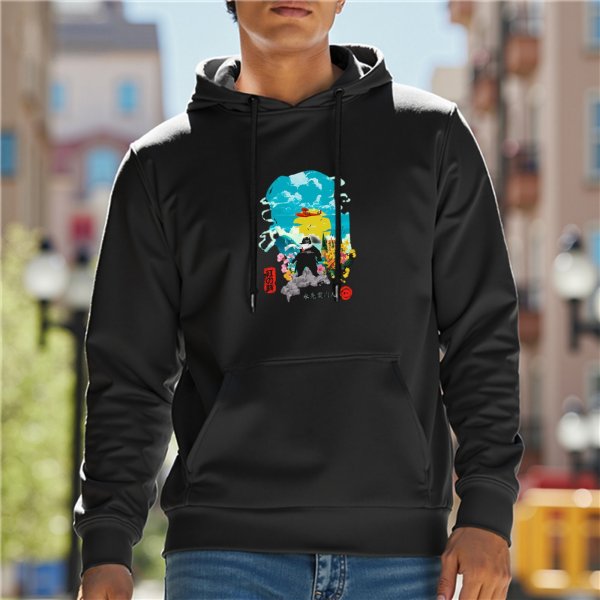 Black hoodie with vibrant anime-style nature scene graphic print