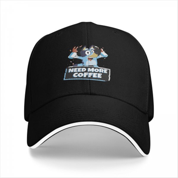 Black baseball cap with Bluey graphic and 'Need More Coffee' text