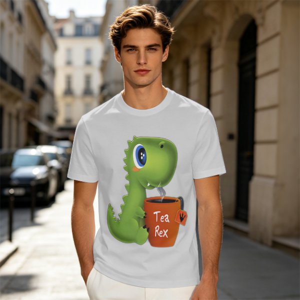 Olive green t-shirt with cute Tea Rex dinosaur holding a steaming tea mug