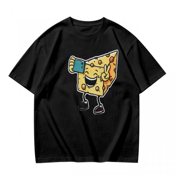 Olive T-shirt with a cartoon cheese taking a selfie and making a peace sign