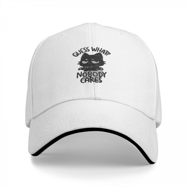 Black baseball cap with 'Guess What Nobody Cares' cat graphic