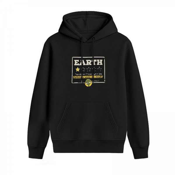 Black hoodie with funny Earth alien review graphic