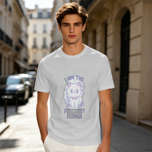 Olive T-Shirt With Cute White Cat 'I Am The Prettiest Flower' Print