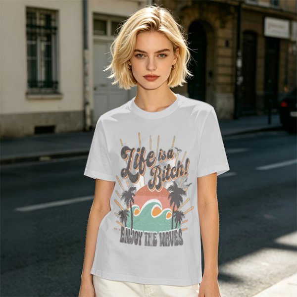 Olive graphic t-shirt with tropical sunset wave and palm tree print