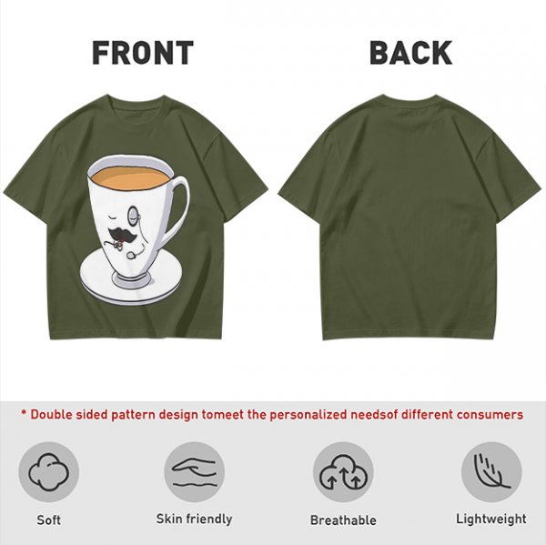 Olive Green T-Shirt With Dapper Cartoon Teacup Graphic