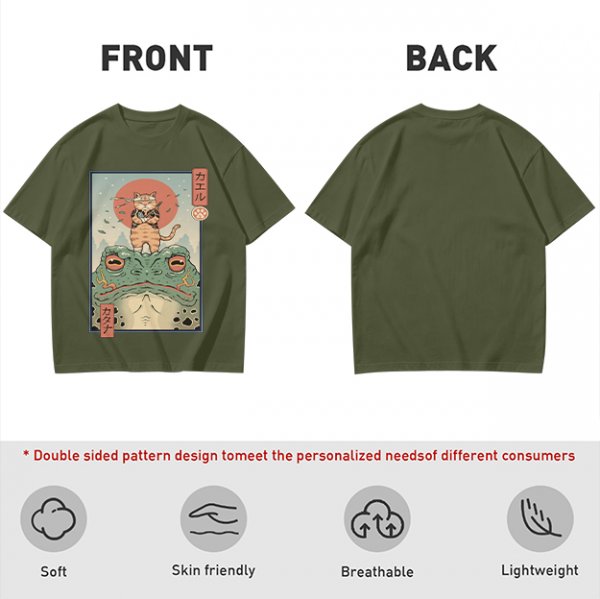 Olive T-shirt with Samurai Cat Riding Giant Frog Japanese Art Print