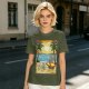 Olive T-Shirt with Beach Scene Print Featuring Totoro and Friends