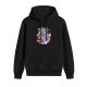 Black hoodie with whimsical blue lucky cat graphic print