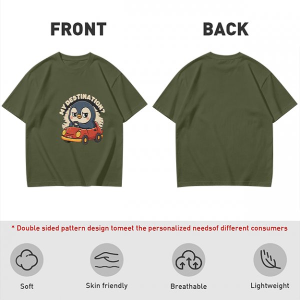 Olive T-Shirt With Cartoon Penguin Driving Car 'My Destination?' Print