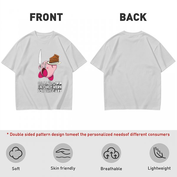 Olive t-shirt with Kirby holding knife and cake, text Calm Down I'm Only Here For The Cake